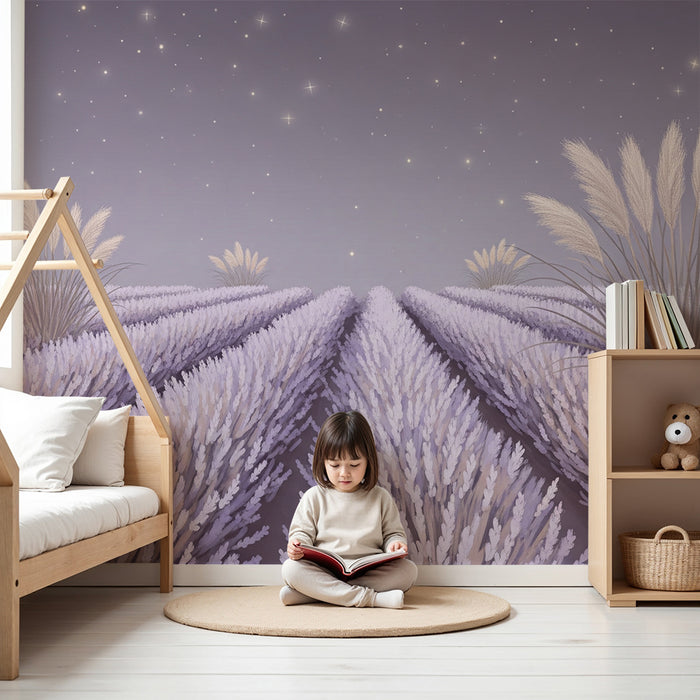 Papel pintado para habitación infantil | Campos de lavanda bajo un cielo estrellado