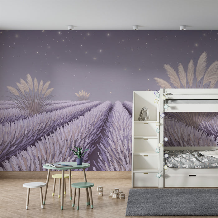 Papel pintado para habitación infantil | Campos de lavanda bajo un cielo estrellado