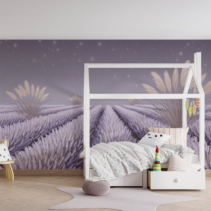 Papel pintado para habitación infantil | Campos de lavanda bajo un cielo estrellado