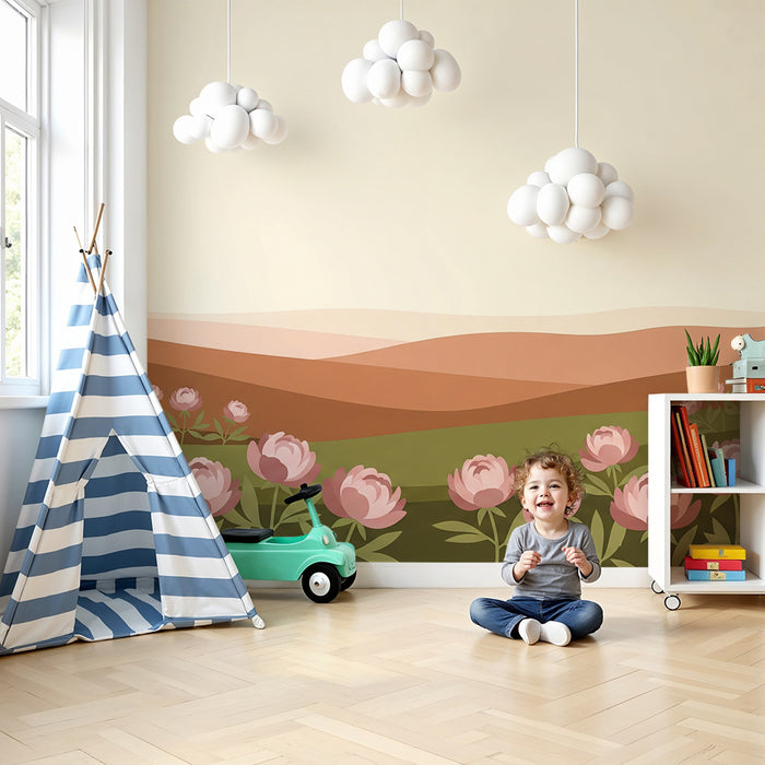 Baby room wallpaper | Delicate peony fields on a pastel background