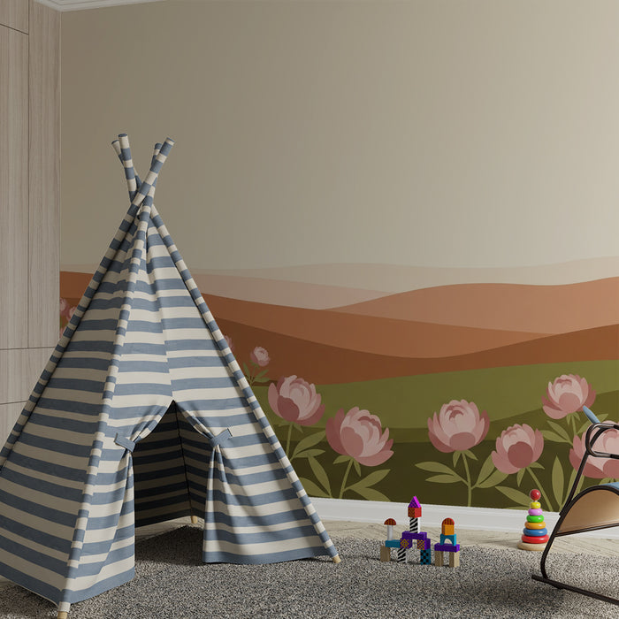 Baby room wallpaper | Delicate peony fields on a pastel background