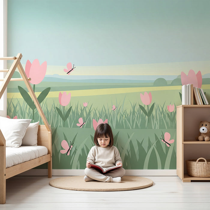 Papel de parede quarto bebê | Campos de tulipas e borboletas