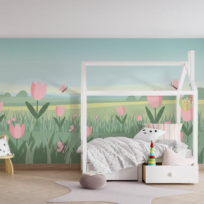 Papel de parede quarto bebê | Campos de tulipas e borboletas