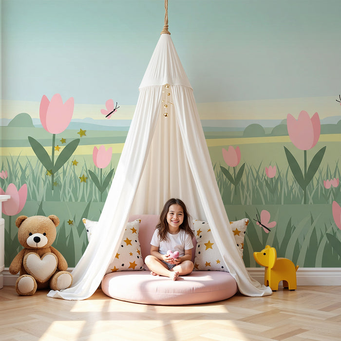 Papel de parede quarto bebê | Campos de tulipas e borboletas