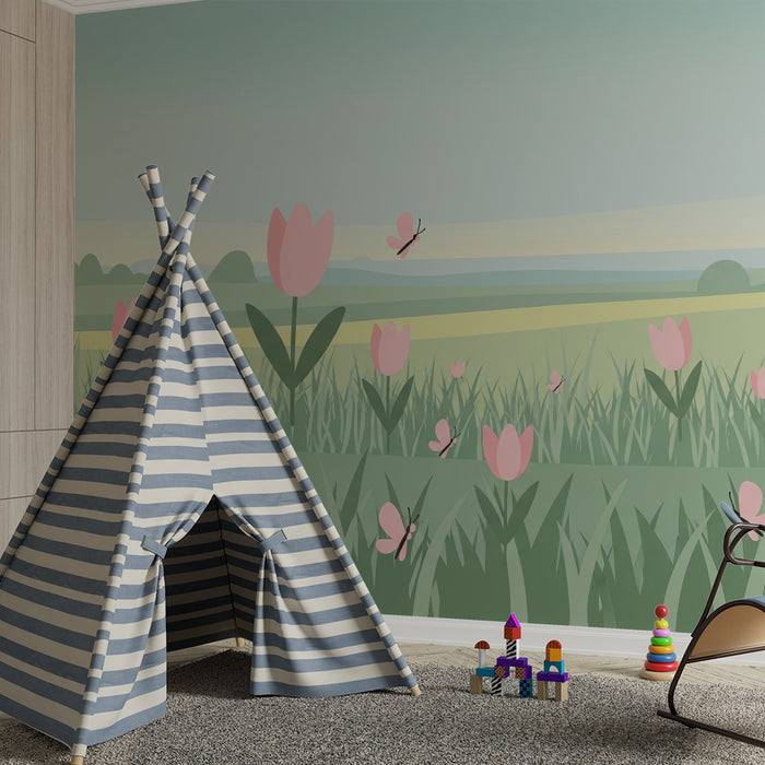 Papel de parede quarto bebê | Campos de tulipas e borboletas