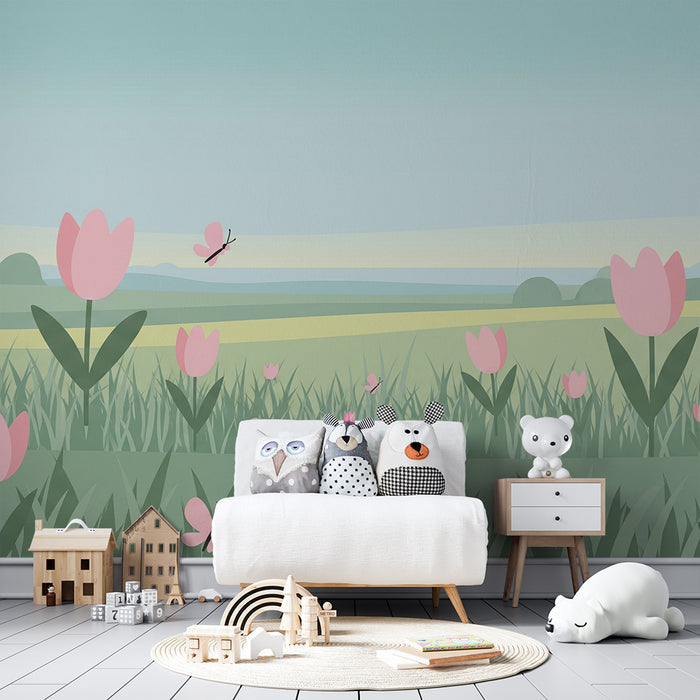 Papel de parede quarto bebê | Campos de tulipas e borboletas
