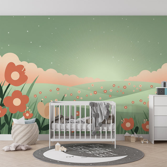 Papel pintado infantil | Campos floridos y suavidad primaveral