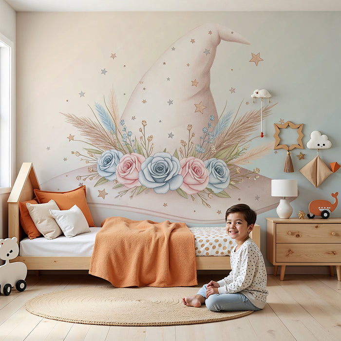 Papier de parede detskej izby | Čiapka čarodejnice zdobená kvetmi a hviezdami