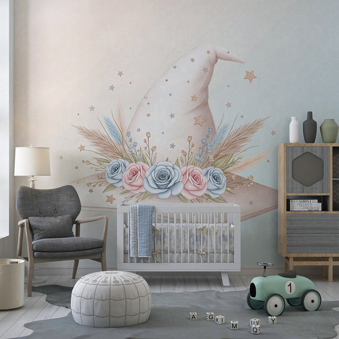 Papier de parede detskej izby | Čiapka čarodejnice zdobená kvetmi a hviezdami