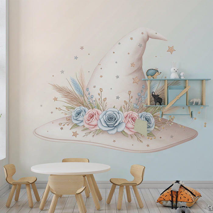 Papier de parede detskej izby | Čiapka čarodejnice zdobená kvetmi a hviezdami