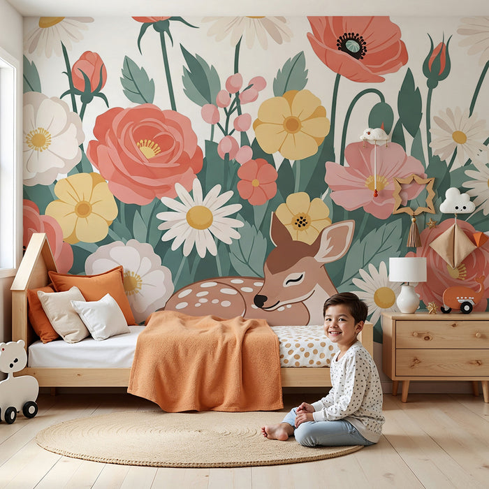 Lastenhuoneen tapetti | Viehättävä peura kukkien keskellä