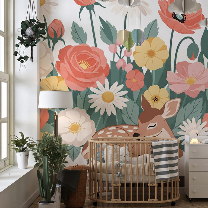Lastenhuoneen tapetti | Viehättävä peura kukkien keskellä