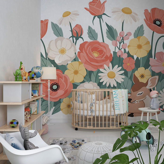 Lastenhuoneen tapetti | Viehättävä peura kukkien keskellä