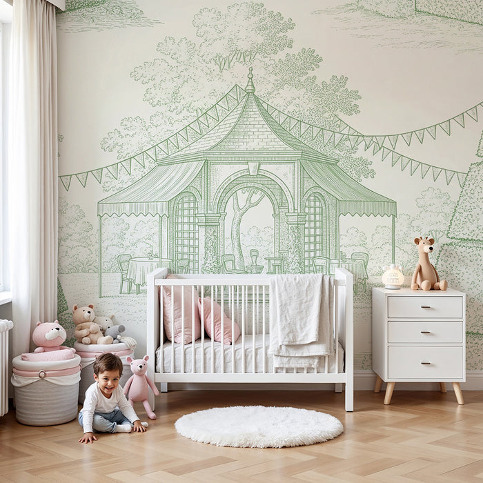Papier peint chambre bébé | Charmant jardin avec kiosque et topiaires