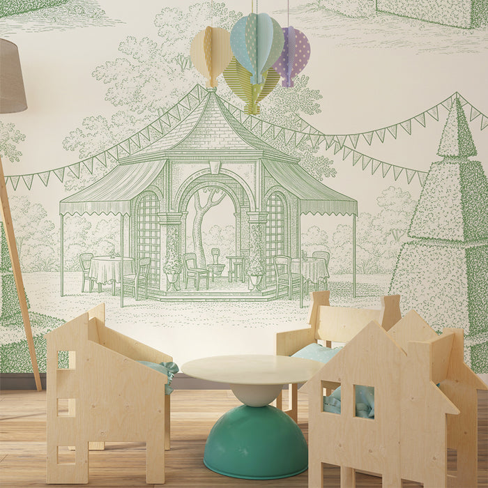 Papier peint chambre bébé | Charmant jardin avec kiosque et topiaires