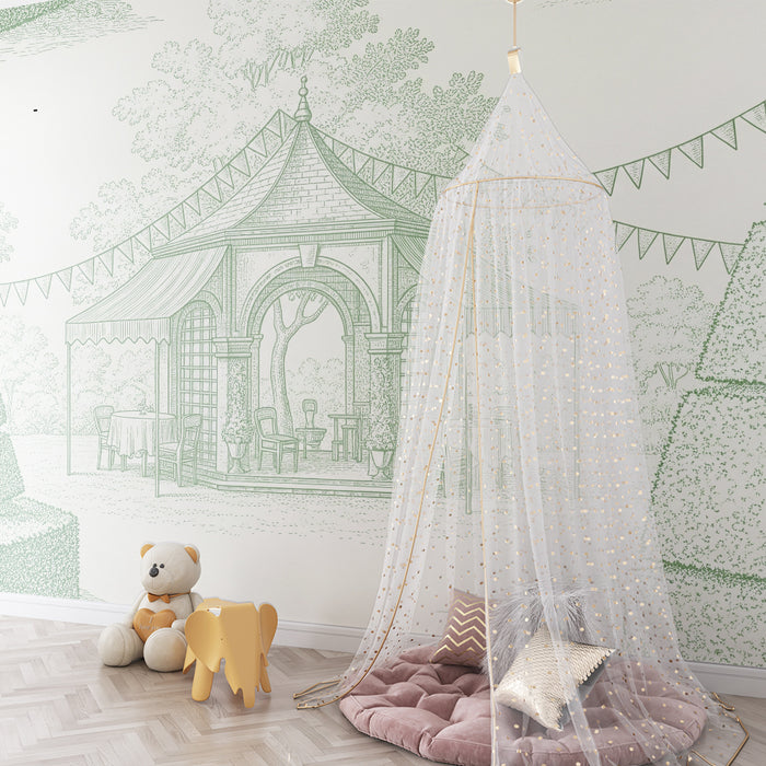 Papier peint chambre bébé | Charmant jardin avec kiosque et topiaires