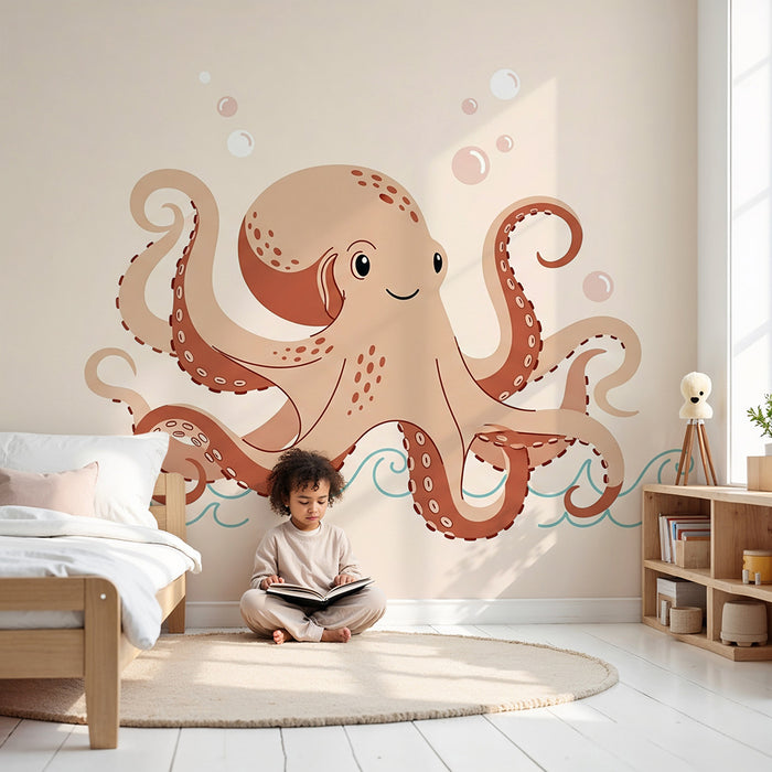 Babykamer behang | Lieve lachende octopus in de golven
