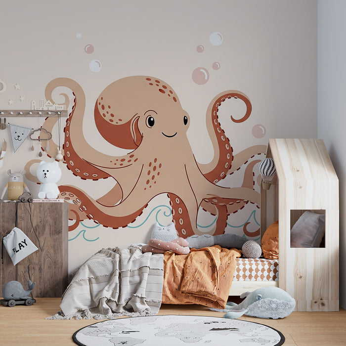 Babykamer behang | Lieve lachende octopus in de golven