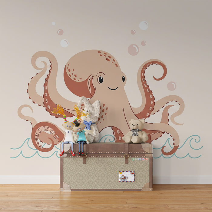Babykamer behang | Lieve lachende octopus in de golven