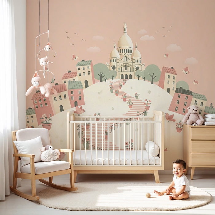 Papier peint chambre bébé | Charmante colline avec maisons colorées et fleurs