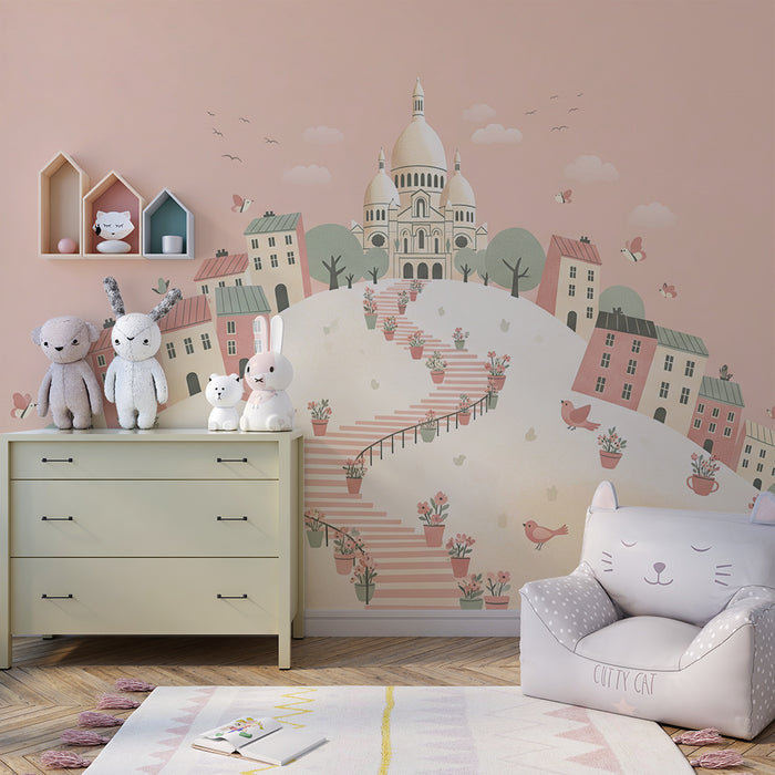 Papier peint chambre bébé | Charmante colline avec maisons colorées et fleurs