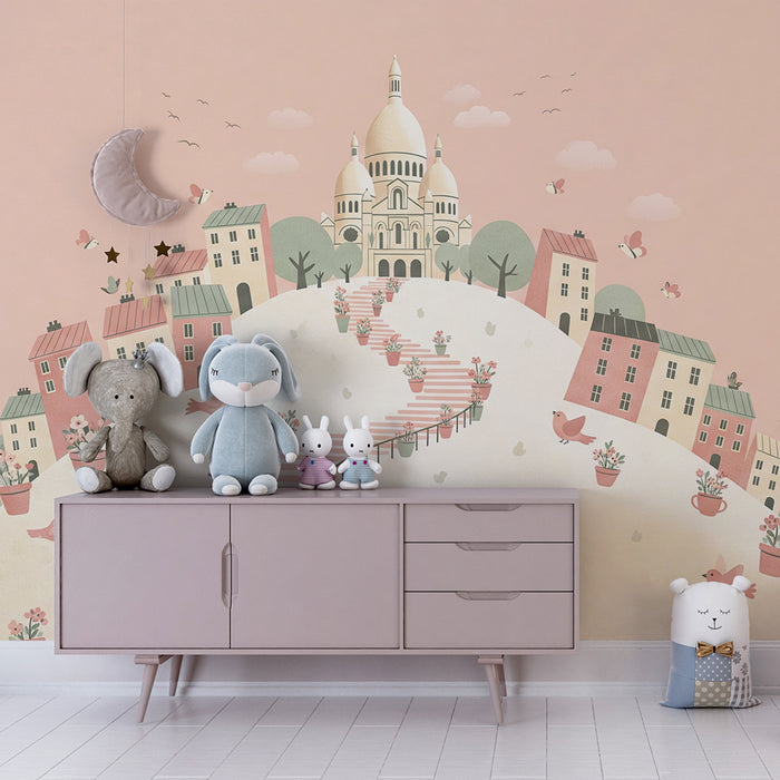 Papier peint chambre bébé | Charmante colline avec maisons colorées et fleurs