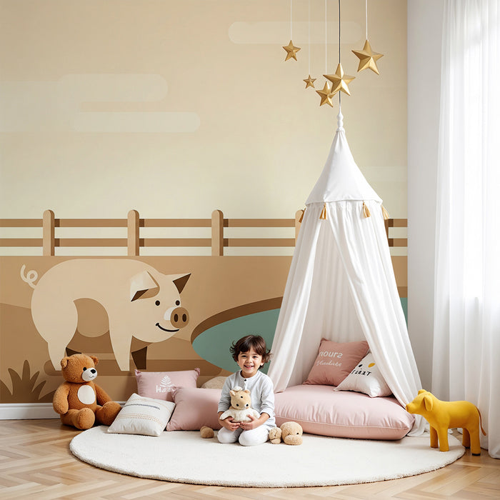Papel de parede para quarto de bebé | Quinta encantadora com um porco e um pato