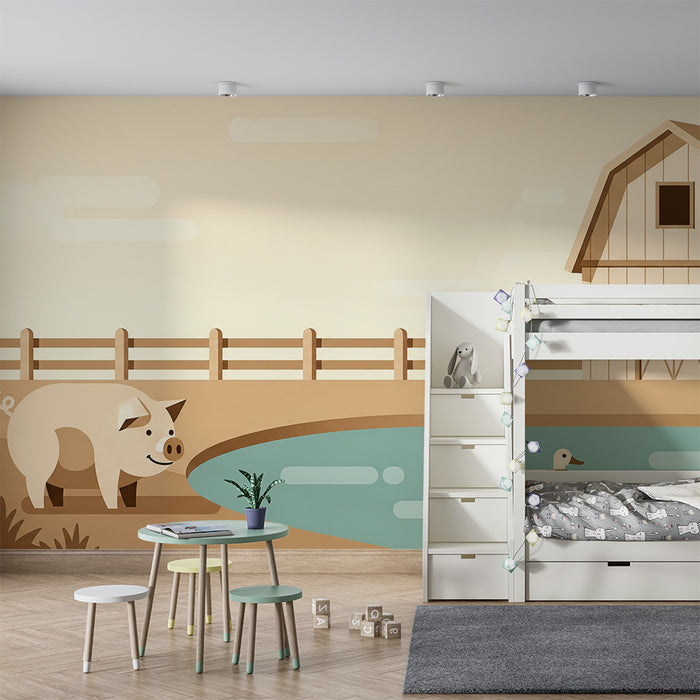 Papel de parede para quarto de bebé | Quinta encantadora com um porco e um pato