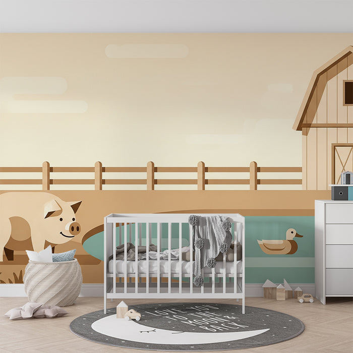 Papel de parede para quarto de bebé | Quinta encantadora com um porco e um pato
