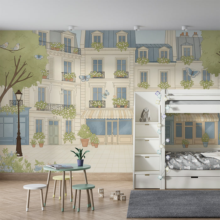 Børneværelses tapet | Charmerende parisisk gade med blomster og sommerfugle