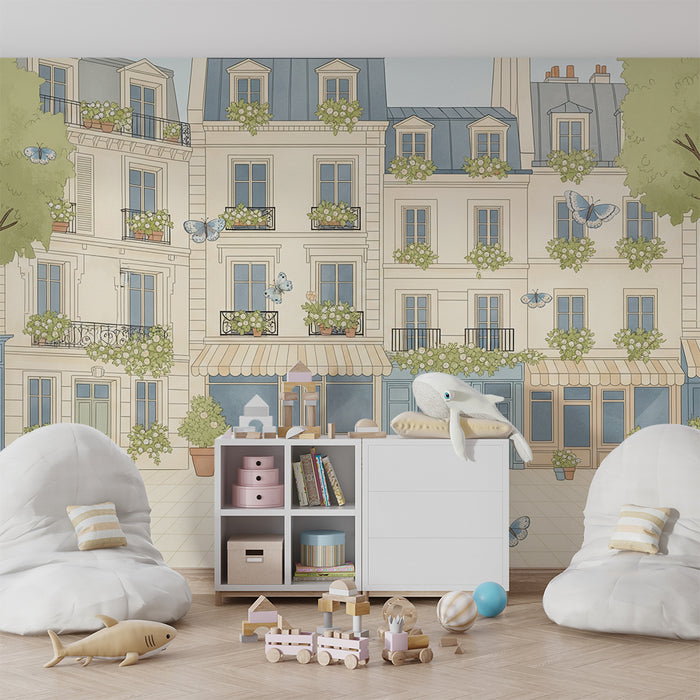 Børneværelses tapet | Charmerende parisisk gade med blomster og sommerfugle