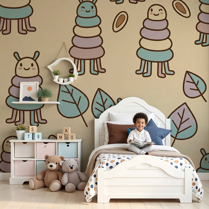 Nursery wallpaper | Colorful caterpillars and leaves on a soft background