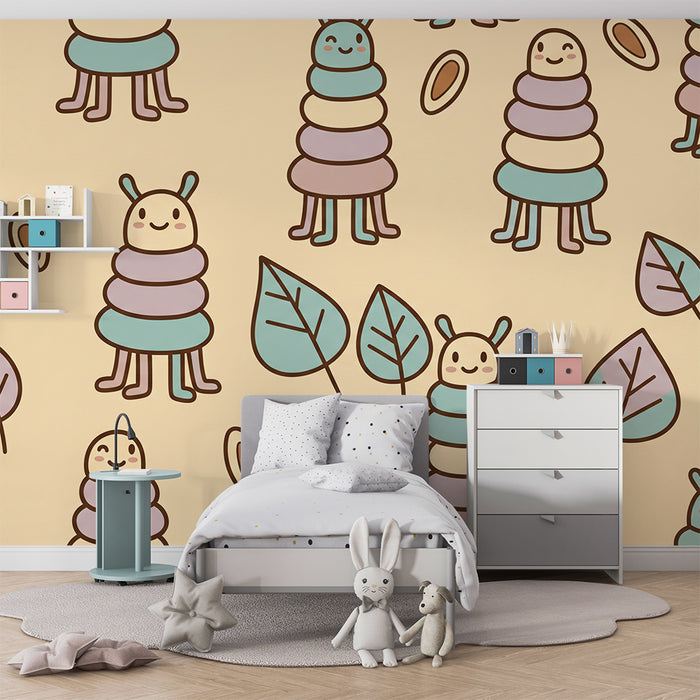 Nursery wallpaper | Colorful caterpillars and leaves on a soft background