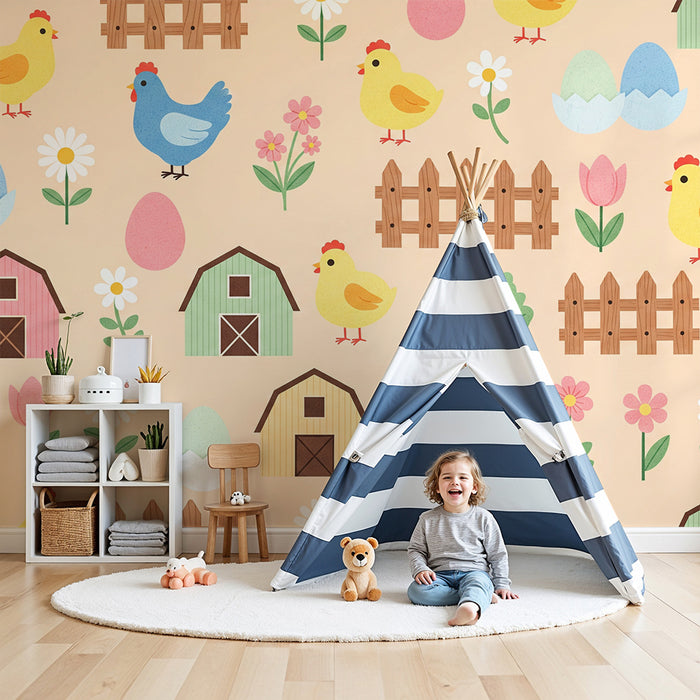 Babykamer behang | Charmante kippen en kleurrijke boerderij op een zachte achtergrond