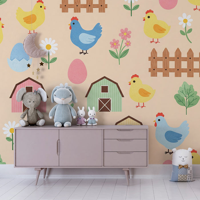 Babykamer behang | Charmante kippen en kleurrijke boerderij op een zachte achtergrond