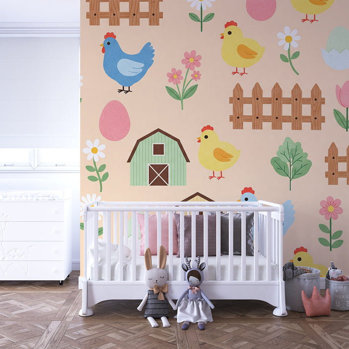 Babykamer behang | Charmante kippen en kleurrijke boerderij op een zachte achtergrond