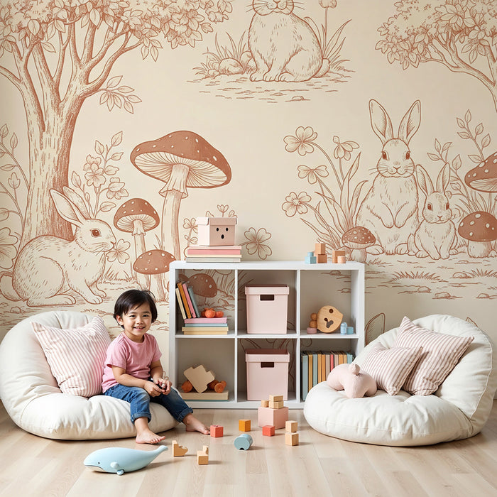 Papier peint chambre bébé | Charmants lapins dans un jardin fleuri
