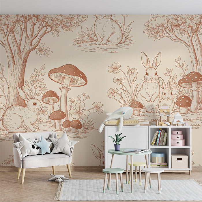 Papier peint chambre bébé | Charmants lapins dans un jardin fleuri