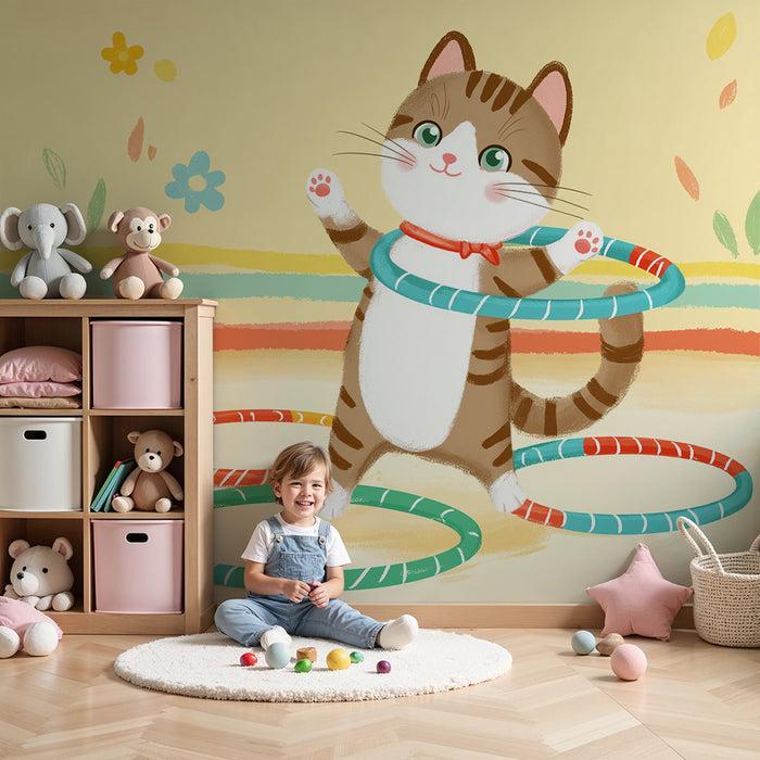 Papier de parede quarto bebê | Živý kocour hrající s barevnými obruči