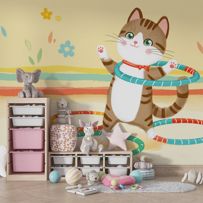 Papier de parede quarto bebê | Živý kocour hrající s barevnými obruči
