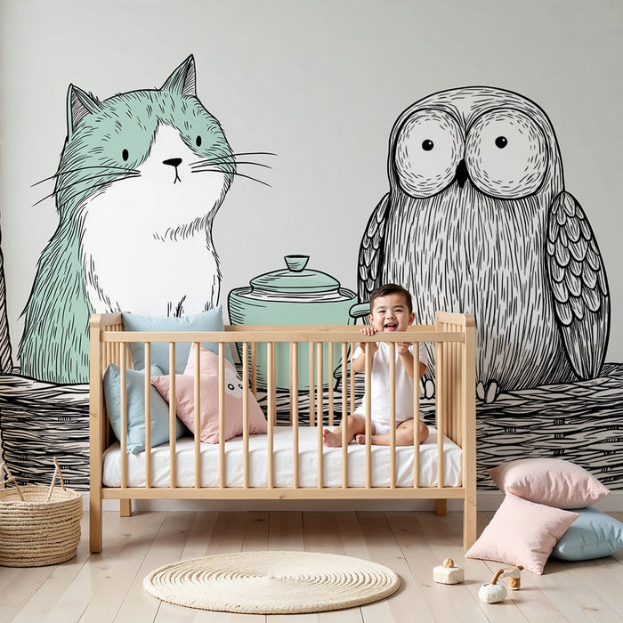 Papel pintado infantil | Gato y búho en una cesta