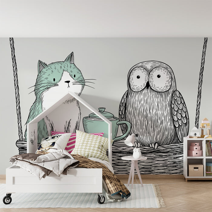 Papel pintado infantil | Gato y búho en una cesta