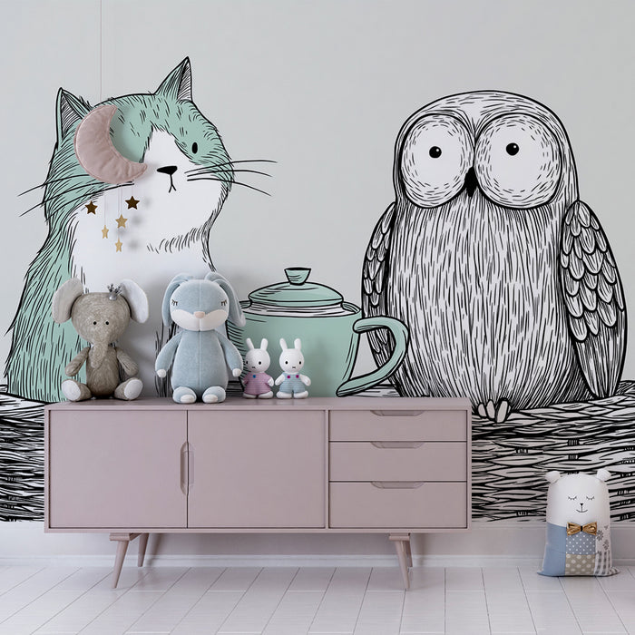 Papel pintado infantil | Gato y búho en una cesta