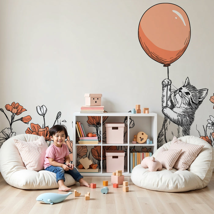 Papel pintado infantil | Lindo gatito con un globo entre las flores