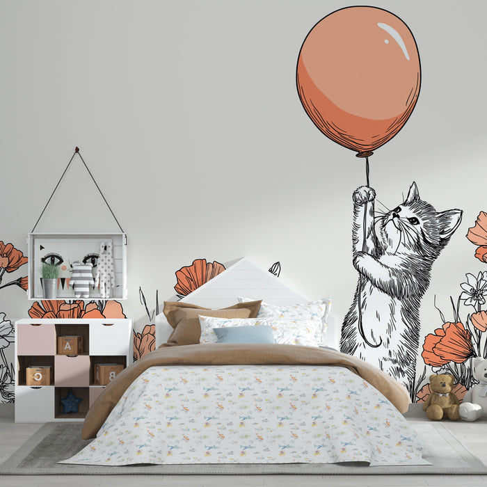 Papel pintado infantil | Lindo gatito con un globo entre las flores