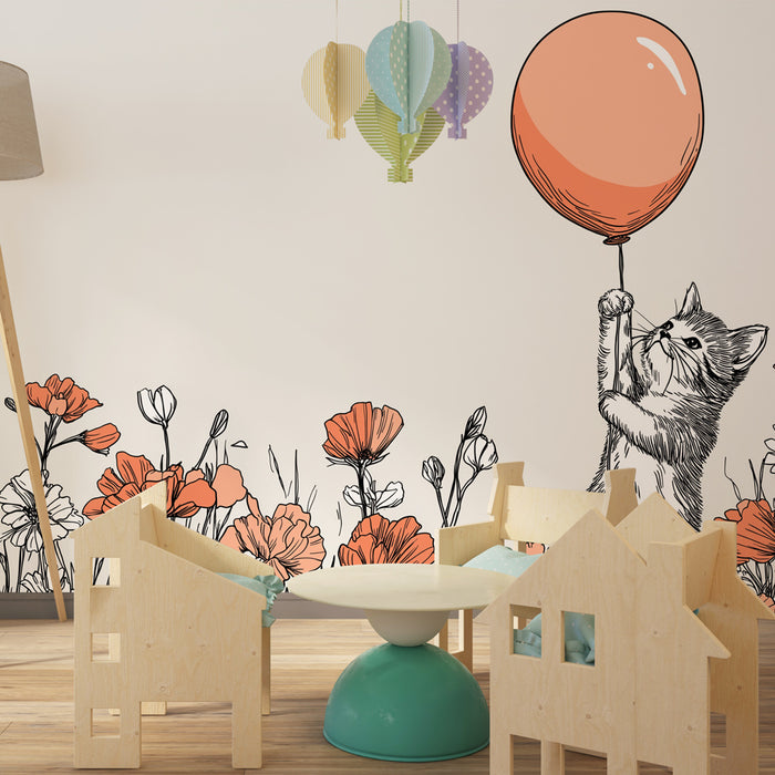Papel pintado infantil | Lindo gatito con un globo entre las flores