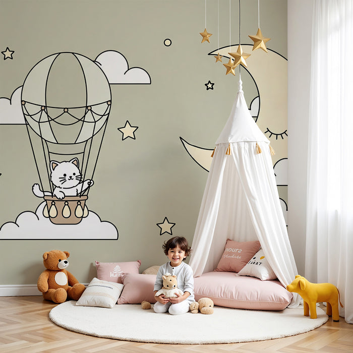 Papier peint chambre bébé | Chat mignon dans un montgolfière sous un ciel étoilé