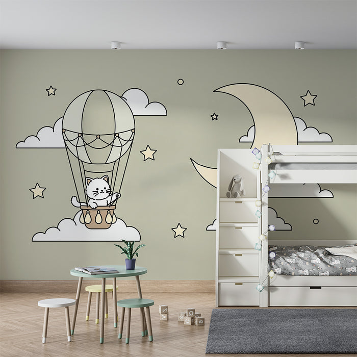 Papier peint chambre bébé | Chat mignon dans un montgolfière sous un ciel étoilé