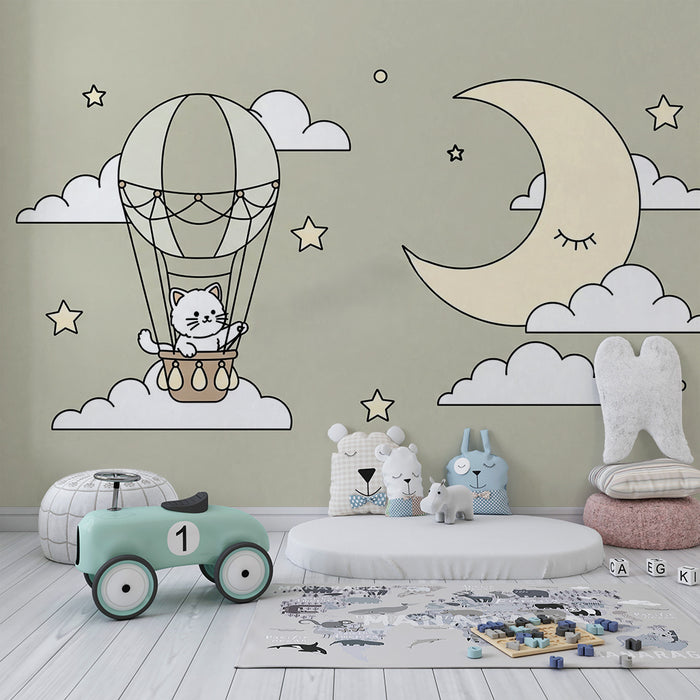 Papier peint chambre bébé | Chat mignon dans un montgolfière sous un ciel étoilé