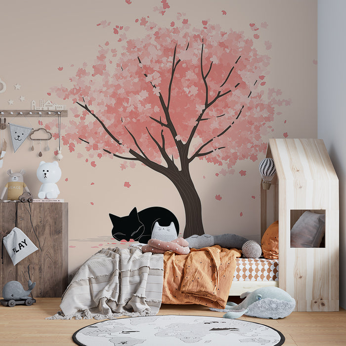 Barntapet | Svart katt sovande under ett blommande körsbärsträd